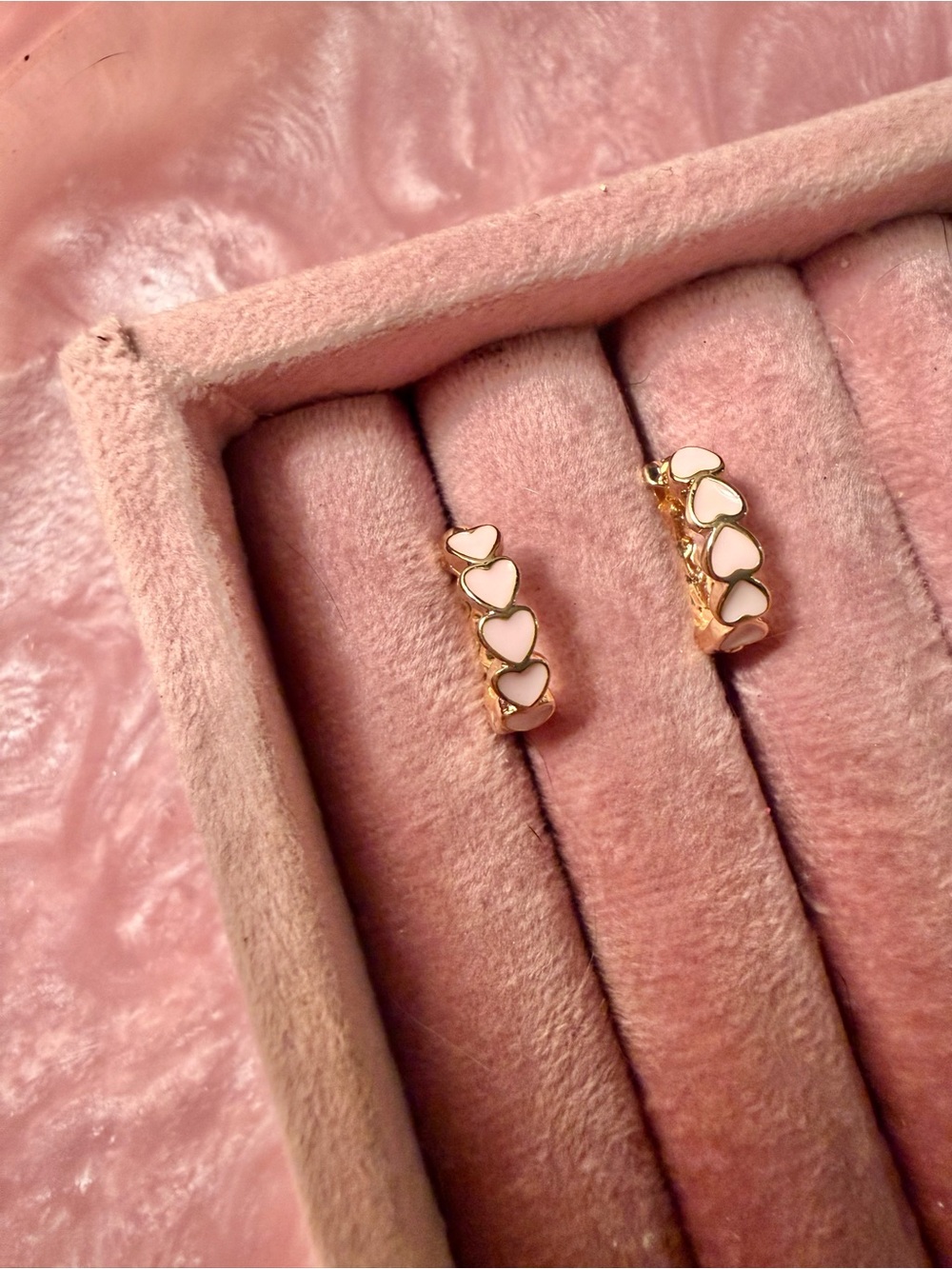 Gold Heart Link Huggie Earrings with Pink Enamel